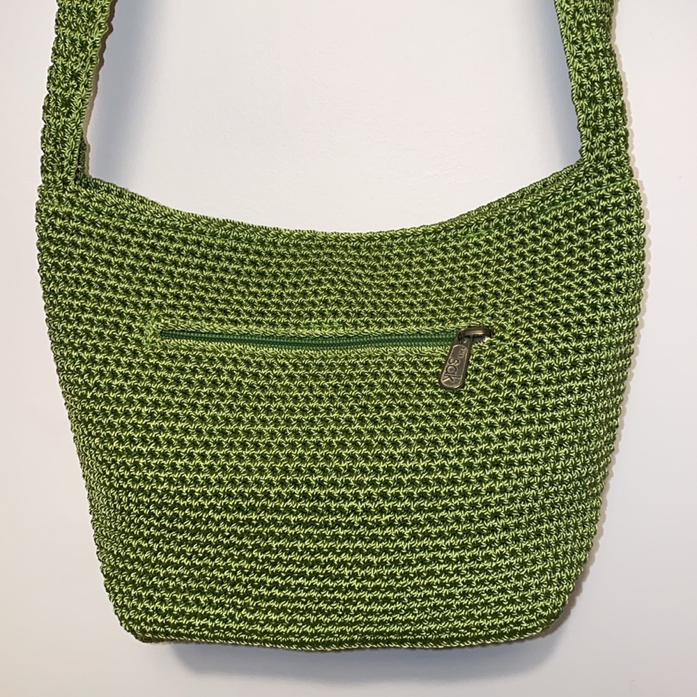 THE SAK Crocheted Silver-Tone Branded Zipper Purse Shoulder Bag Green VGUC - Picture 5 of 17